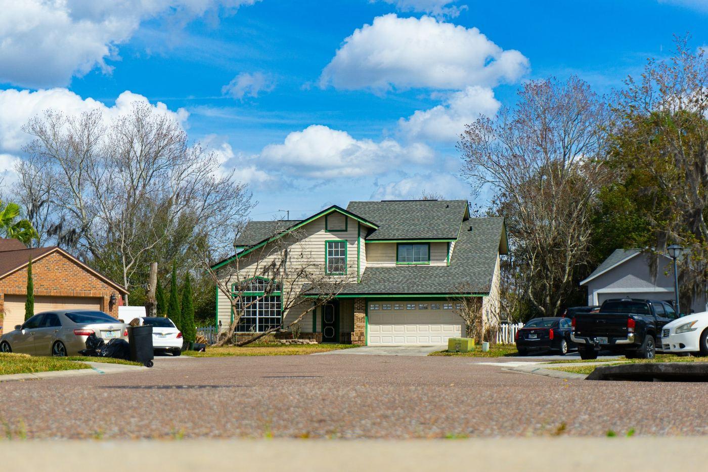Suburban street of two-story houses with driveways and mature trees